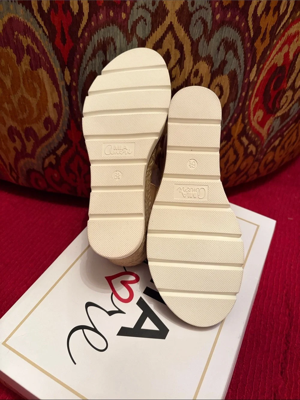 Mi Amore Tan Wedge Sandals with Rhinestone Front Strap